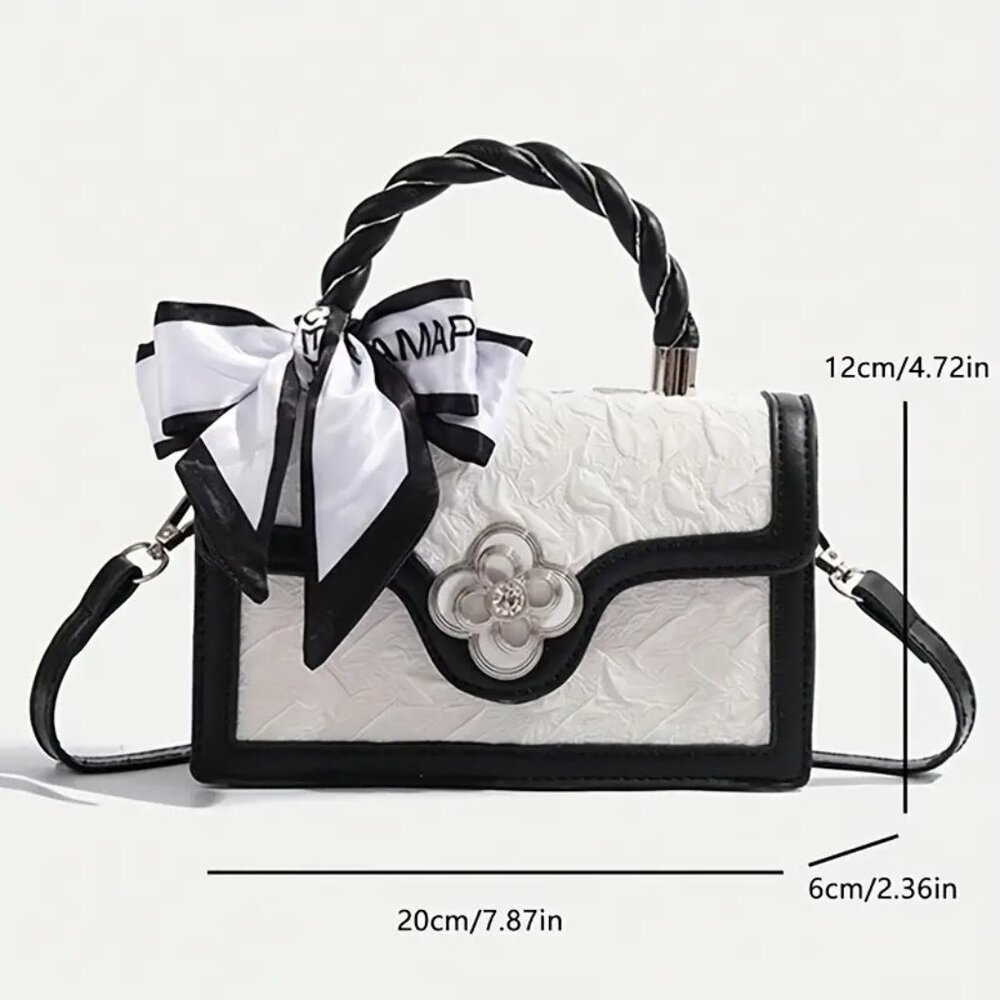 Chic Black/White Textures Floral Mini Crossbody Top Handle Bag w/Twilly - Picture 12 of 13